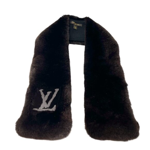 LOUIS VUITTON Vintage LV Logo Muffler Scarf Brown Gray Rabbit Fur Wool [105045] - Picture 7 of 11